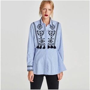 Zara Womens Collection Blue Striped Button Down Shirt Peplum Size S